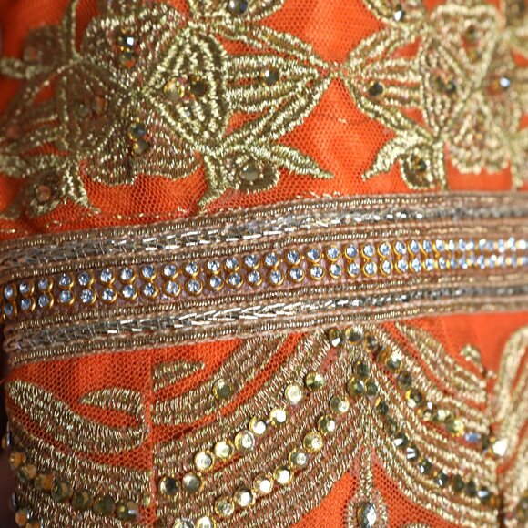 Stunning Orange & Gold Embroidered Anarkali Gown Indian Dress Suit Wedding - Picture 10 of 16